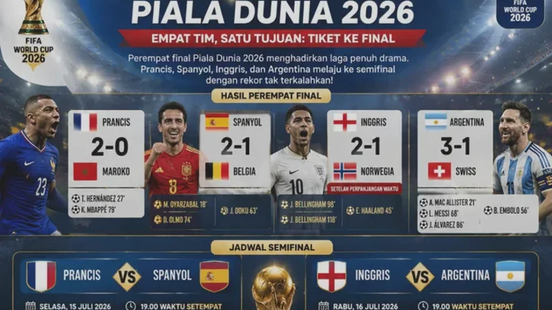 Jadwal Semifinal Piala Dunia 2026 Terbaru: Duel Sengit Prancis vs Spanyol dan Inggris vs Argentina